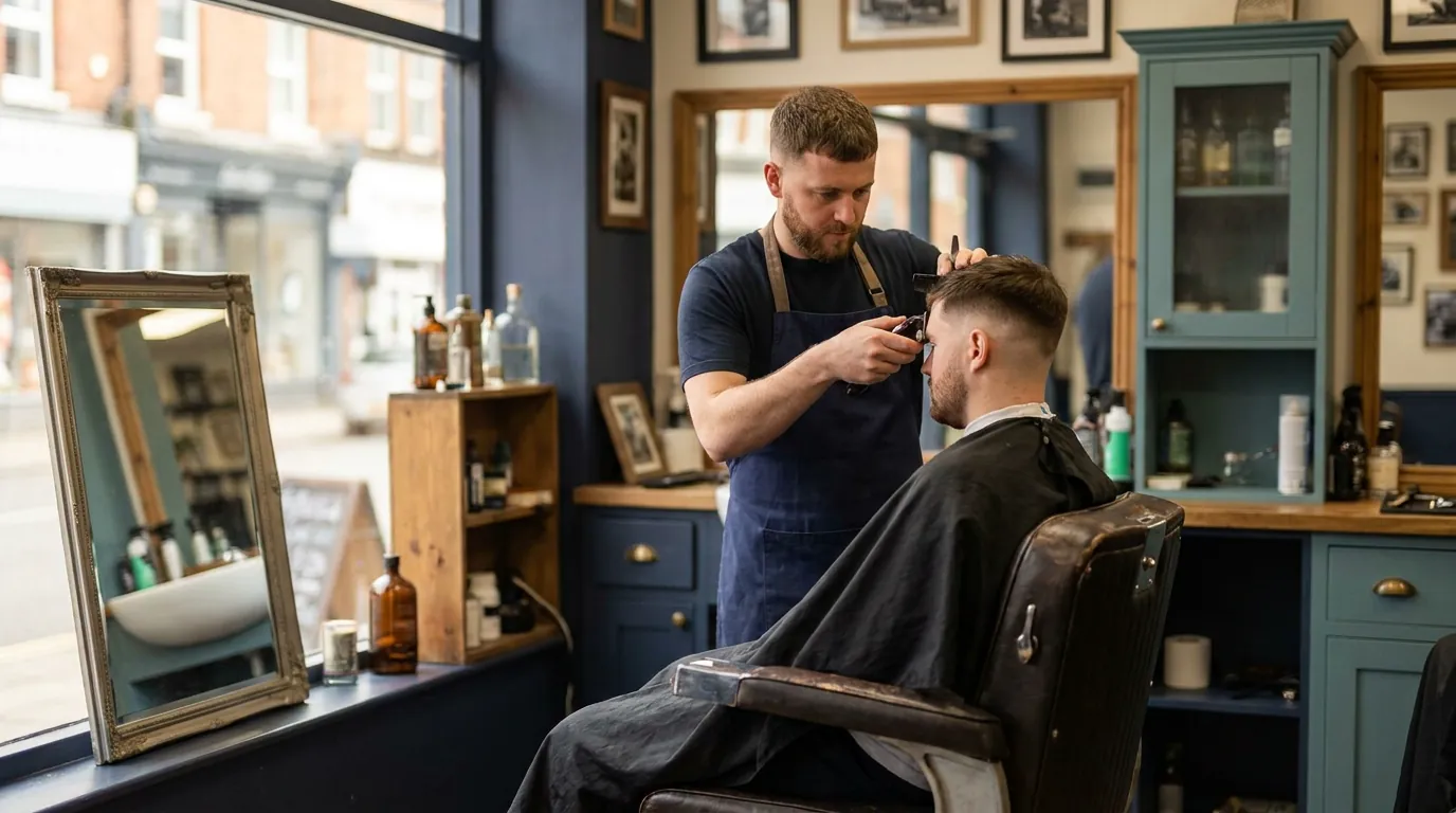 A barber giving a client a fade in a small shop