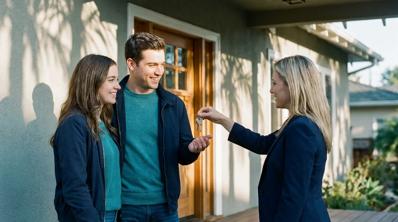 A realtor handing house keys to a couple at their front door