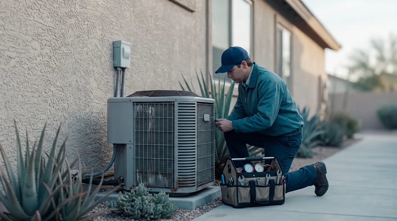 An HVAC technician kneeling beside a residential unit