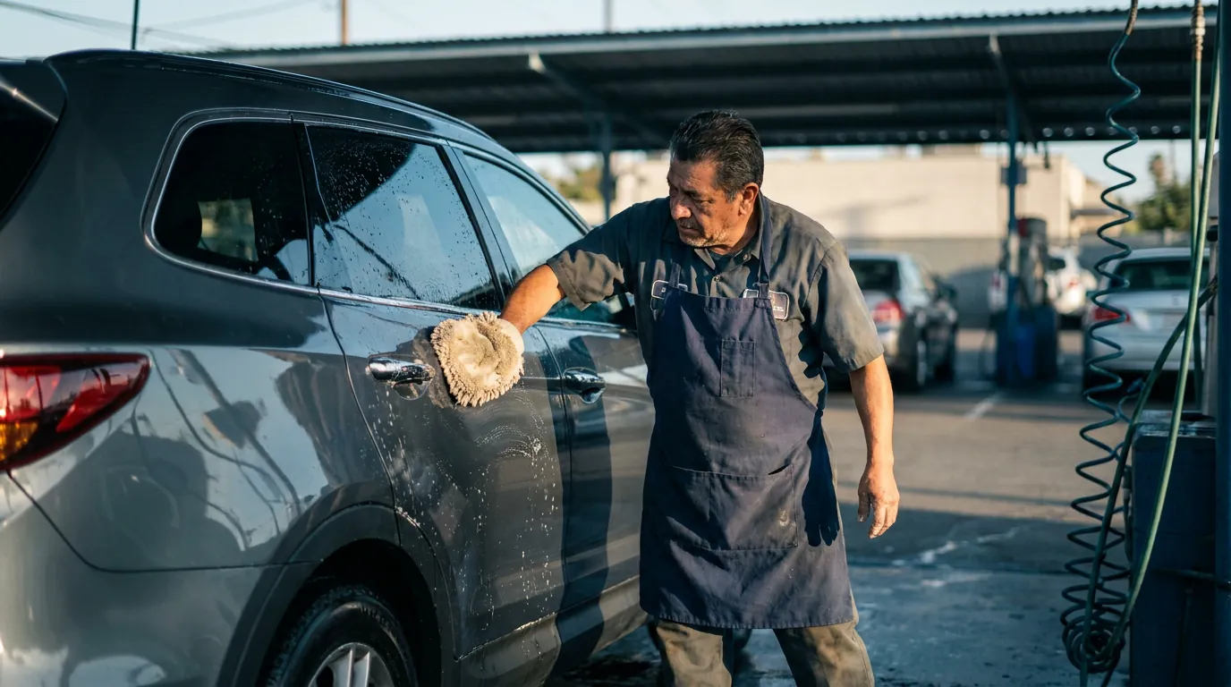 A worker hand-washing a grey SUV in an open wash bay