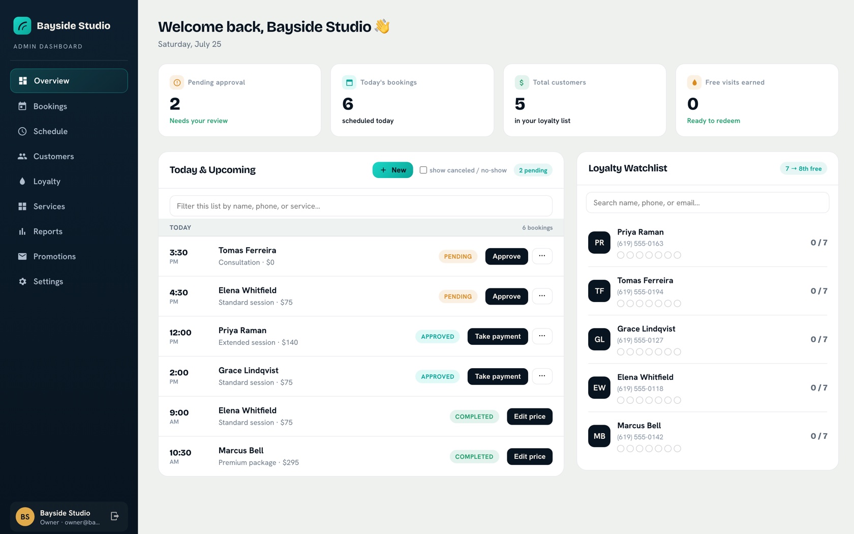 The Arcbay dashboard: today's appointments, what needs approving, customers and repeat-visit tracking on one screen